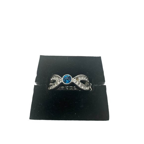 Silver Tone Infinity Ring With Blue Gemstone & Clear Crystals - Picture 1 of 4